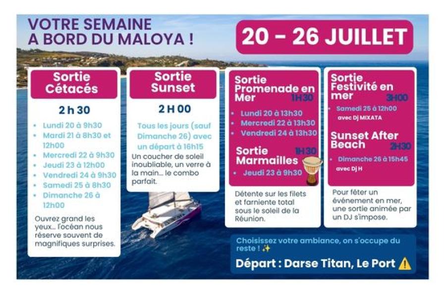 Planning de nos sorties disponibles du Lundi 20 au dimanche 26 juillet !